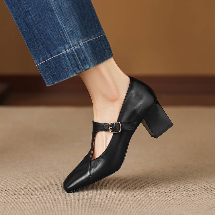 Veyla Square-Toe Genuine Leather Heels