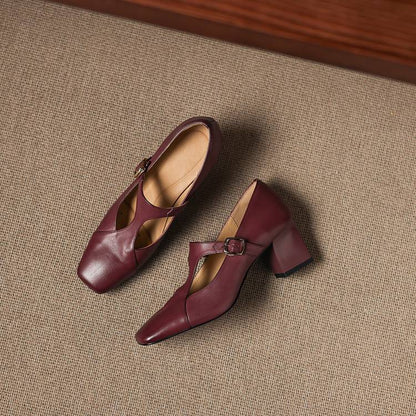 Veyla Square-Toe Genuine Leather Heels